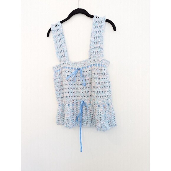 Hand Crochet Top Womens Size M/L‎ Blue Handmade Sleeveless Cottagecore Grandma - Picture 2 of 8